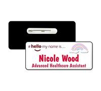 Badgemaster Hello My Name is Pink Text Rainbow and Clouds Personalised Premium Domed Bespoke Custom Name Badge 76 x 32mm White/Black
