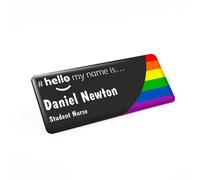 Badgemaster Hello My Name is Rainbow Curved Black Personalised Premium Domed Bespoke Custom Name Badge 76 x 32mm Black White