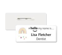 Badgemaster Hello My Name is Rainbow Hearts Stars Left Personalised Premium Domed Bespoke Custom Name Badge 76 x 32mm White/White
