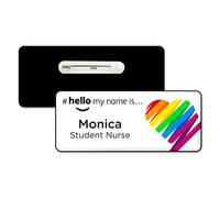 Badgemaster Hello My Name is Rainbow Ribbons Heart Personalised Premium Domed Bespoke Custom Name Badge 76 x 32mm White/Black