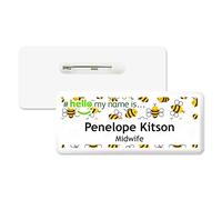 Badgemaster Hello My Name is School Bees Pattern Text Personalised Premium Domed Bespoke Custom Name Badge 76 x 32mm White White
