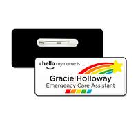Badgemaster Hello My Name is Shooting Star Rainbow Personalised Premium Domed Bespoke Custom Name Badge 76 x 32mm White/Black