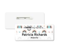 Badgemaster Hello My Name is Trendy Rainbow Heart Pattern Text Personalised Premium Domed Bespoke Custom Name Badge 76 x 32mm White White