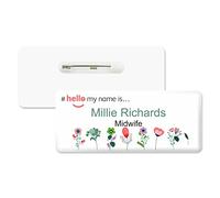 Badgemaster Hello My Name is Various Flowers Decorated Badge Premium Domed White White 76 x 32mm Doctor Student Nurse Clinical Practitioner Healthcare Assistant Medical Staff GP