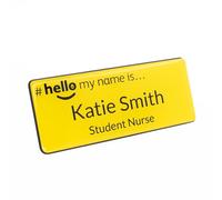 Badgemaster Hello My Name is Yellow Badge Premium Domed Yellow Black 76 x 32mm GP Practitioner Doctor Healthcare Nurse Medical Staff Clinical Student Assistant