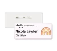 Badgemaster Hello My Name is Yellow Orange Rainbow Pink Background Personalised Premium Domed Bespoke Custom Name Badge 76 x 32mm White/White