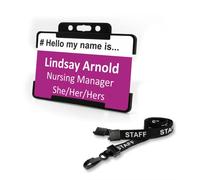 Badgemaster Hello My Name is Your Pronouns Business Professional White Text Photo ID Black Rigid Card Holder and Black Staff Lanyard CR80 (Purple)