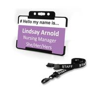 Badgemaster Hello My Name is Your Pronouns Business Professional White Text Photo ID Rigid Card Holder and Lanyard CR80 (Pastel Purple)