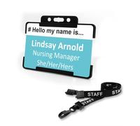 Badgemaster Hello My Name is Your Pronouns Business Professional White Text Photo ID Rigid Card Holder and Staff Lanyard CR80 (Turquoise)