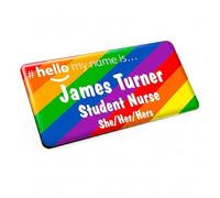 Badgemaster Large Diagonal Stripes Rainbow Hello My Name is Premium Durable Personalised Name Badge White Black 76 x 38mm