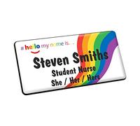 Badgemaster Large Rainbow Flow Hello My Name is with Pronouns Personalised Name Badges Magnet White Black 76 x 38mm Practitioner Doctor GP Clinical Healthcare Student Medical Staff Nurse Assistant