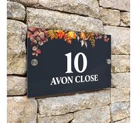 Badgemaster Modern Anthracite Grey House Number Sign Plaque Stainless Steel Standoffs 20cm x 13cm Autumn Fall Yellow Orange Leaves Top