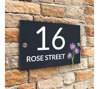 Badgemaster Modern Anthracite Grey House Number Sign Plaque Stainless Steel Standoffs 20cm x 13cm Purple Daisy