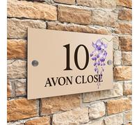 Badgemaster Modern Desert Beige House Number Sign Plaque Stainless Steel Standoffs 20cm x 13cm Blue Flower