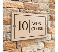 Badgemaster Modern Desert Beige House Number Sign Plaque Stainless Steel Standoffs 20cm x 13cm Brown Border Outside
