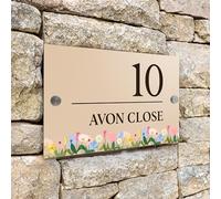Badgemaster Modern Desert Beige House Number Sign Plaque Stainless Steel Standoffs 20cm x 13cm Floral