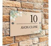 Badgemaster Modern Desert Beige House Number Sign Plaque Stainless Steel Standoffs 20cm x 13cm Green Flowers