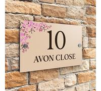 Badgemaster Modern Desert Beige House Number Sign Plaque Stainless Steel Standoffs 20cm x 13cm Pink Flower Top