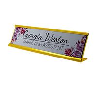 Badgemaster Personalised Red Purple Flowers Desk Plaque with Black Name and Job Title Gold or Silver Stand Modern Stylish Desk Accessories