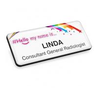 Badgemaster Pink Hello My Name is Rainbow Shooting Stars Personalised Premium Domed Bespoke Custom Name Badge 76 x 32mm White/White