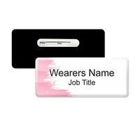 Badgemaster Pink Smudge Streak Personalised Premium Domed Bespoke Custom Staff Name Badge 76 x 32mm White Black