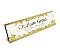 Badgemaster Plant Print Themed with Dark Green Text Desk Plaque Name and Job Title Modern Stylish Desk Accessories