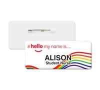Badgemaster Red Hello My Name is Rainbow Wave Lines Personalised Premium Domed Bespoke Custom Name Badge 76 x 32mm White/White
