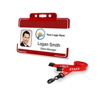 Badgemaster Red Photo ID Card with Stripes Top Bottom Rigid Card Holder and Staff Lanyard CR80