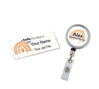 Badgemaster Resin Finish Hello My Name is Name Badge and ID Reel Personalised Rainbow Nurse Midwife Hospital NHS Practitioner Nursery Preschool Orange Rainbow Polka