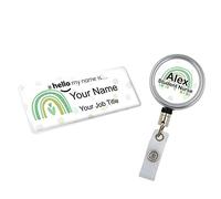 Badgemaster Resin Finish Hello My Name is Name Badge and ID Reel Personalised Rainbow Nurse Midwife Hospital NHS Practitioner Nursery Preschool Green Rainbow Polka