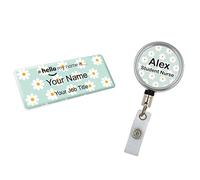 Badgemaster Resin Finish Hello My Name is Name Badge and ID Reel Personalised Rainbow Nurse Midwife Hospital NHS Practitioner Nursery Preschool Green Daisy