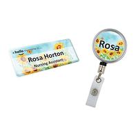 Badgemaster Resin Finish Hello My Name is Name Badge and ID Reel Personalised Rainbow Nurse Midwife Hospital NHS Practitioner Nursery Sunflower