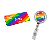Badgemaster Resin Finish Hello My Name is Name Badge and ID Reel Personalised Rainbow Nurse Midwife Hospital NHS Practitioner Nursery Preschool Diagonal Rainbow Pride