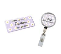 Badgemaster Resin Finish Hello My Name is Name Badge and ID Reel Personalised Rainbow Nurse Midwife Hospital NHS Practitioner Nursery Preschool Purple Daisy