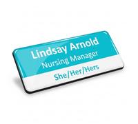 Badgemaster Simple Low White Turquoise Surgery Dentist Practice Medical Name Badge with Pronouns and Job Title 76 x 32mm Mid White/Black Material Pin Magnet Clip Fastener