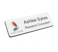 Badgemaster Small Your Logo Personalised Professional Name Badge Premium Domed Custom White Black 76 x 25mm