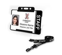 Badgemaster White Black Staff Right Vertical Stripe Your Logo Personalised Business Professional Photo ID with Black Rigid Card Holder and Black Staff Lanyard CR80