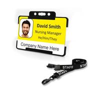 Badgemaster Yellow White Personalised Pronouns Your Business Name Professional Photo ID Black Rigid Card Holder and Black Staff Lanyard CR80