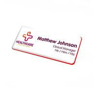 Badgemaster Your Medical Practice Logo White/Red Name Badge with Job Title and Pronouns Premium Domed 76 x 32mm Material Pin Magnet Clip Fastener