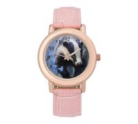 Badger Blue Bluebells Women's Leather Strap Band Watch Pink Ladies Three-Hand Wrist Watches