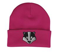 Badger Face Cute Animal Embroidered Beanie Hat Logo Men's - Pink