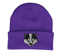 Badger Face Cute Animal Embroidered Beanie Hat Logo Men's - Purple