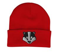 Badger Face Cute Animal Embroidered Beanie Hat Logo Men's - Red