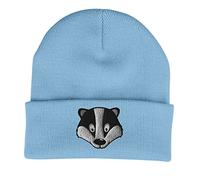 Badger Face Cute Animal Embroidered Beanie Hat Logo Men's - Sky Blue