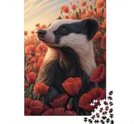 Badger in Poppy Field 1000-Piece Puzzle for Adults, 52x38cm/1000pcs; for An Enjoyable Break at The Table; White Cardboard for Cleaner Sorting