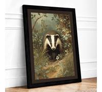 Badger in Woodland Boho Framed Wall Art Print A2 (59.4×42cm) Black, Wall Decor for Living Room, Bedroom, Office & Home, Ready to Hang, Art Gift