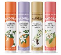 Badger Organic Lip Balm Sticks Set of 4 | Tangerine, Lavender, Vanilla & Grapefruit
