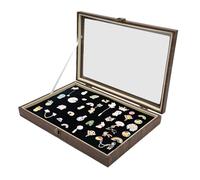 Badges Display Case, PU Leather Storage Box with Glass Lid, Black Medal Holder with Metal Lock