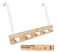 Badiano Over The Door Hook Hanger, Bamboo Coat Rack with 5 Metal Hooks, Wood Clothes Organizer for Coat, Towels, Bags, Robes (Black) (White, 5 Hooks)