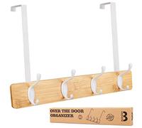 Badiano Over The Door Hook Hanger, Bamboo Coat Rack with 5 Metal Hooks, Wood Clothes Organizer for Coat, Towels, Bags, Robes (Black) (NAT, 4 Hooks)